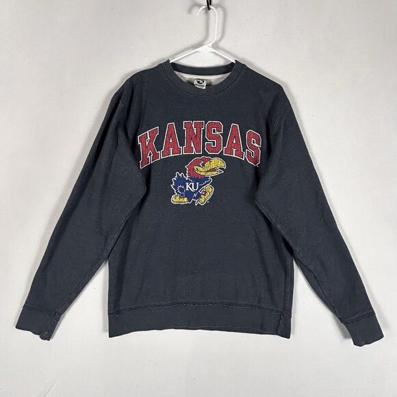 Vintage Y2k Kansas University KU Sweatshirt Mens Medium Gray/Blue Long Sleeve - Picture 1 of 10